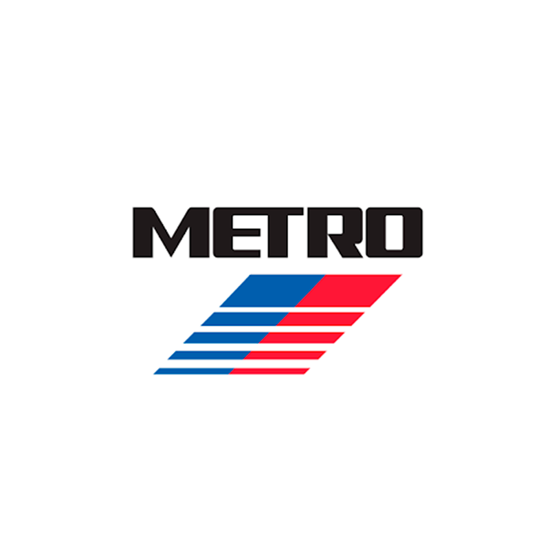 Metro logo in black letters, featuring an icon of blue and red lines that convey movement.