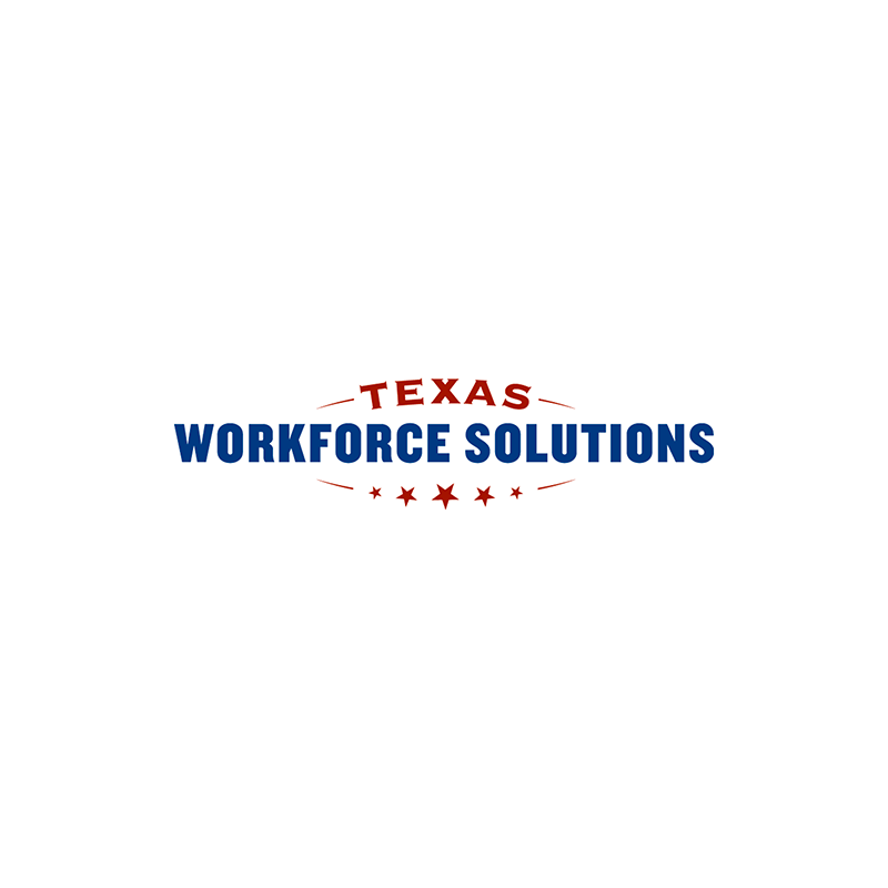 Texas Workforce Solutions logo, where the word 'Texas' is in red and the rest of the text is in blue. At the bottom of the logo, there are five red stars of varying sizes.